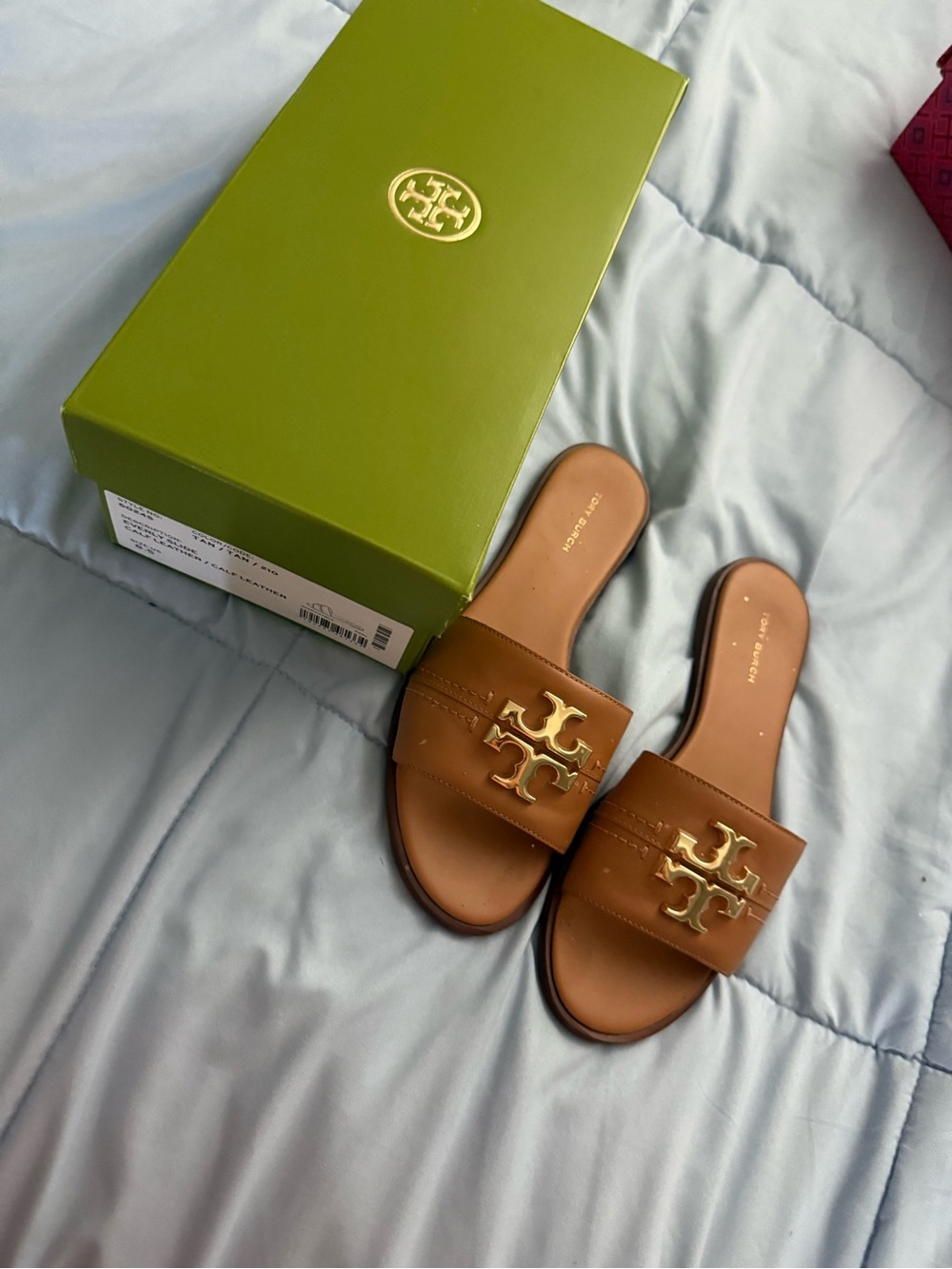 Tory Burch Tan Leather Logo Slide Sandals with Gold Emblem